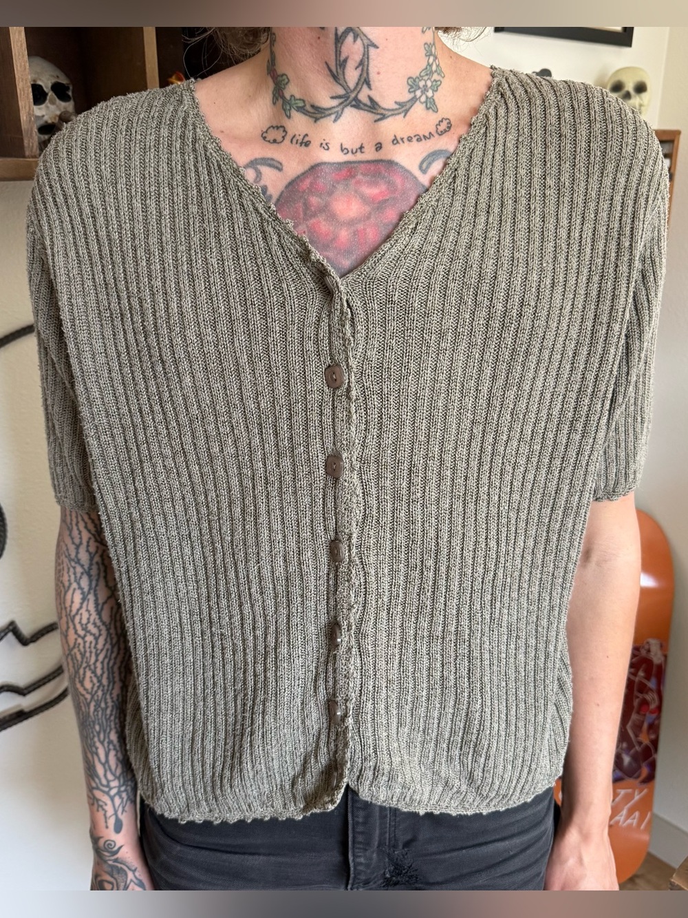 Vintage 90s Y2K Olive Sage Silk Blend Ribbed Knit Short Sleeve Cardigan ~ Size M
